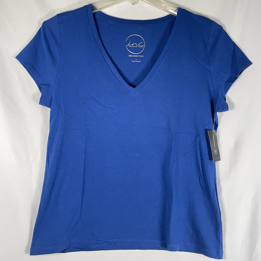 INC Womens Large  Blue  V Neck Short Sleeve T Shirt Top NWT Cotton